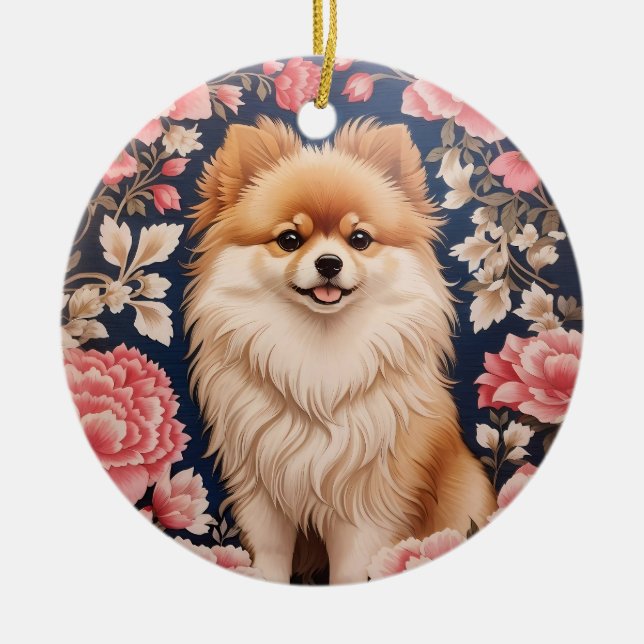 Cute Pomeranian Dog Pink Floral Ceramic Tree Decoration (Front)