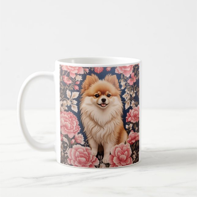 Cute Pomeranian Dog Pink Floral Coffee Mug (Left)