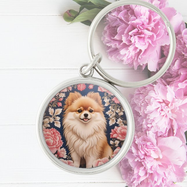 Cute Pomeranian Dog Pink Floral Key Ring (Creator Uploaded)