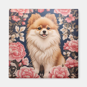 Cute Pomeranian Dog Pink Floral Magnet