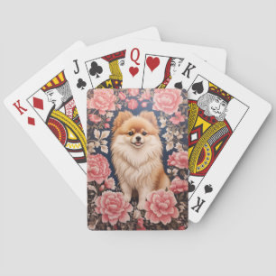 Cute Pomeranian Dog Pink Floral Playing Cards