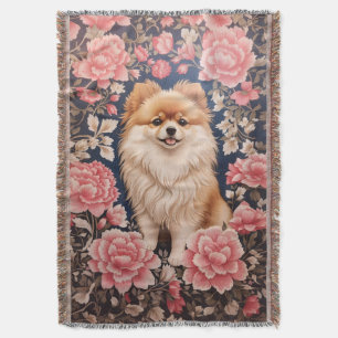 Cute Pomeranian Dog Pink Floral Throw Blanket