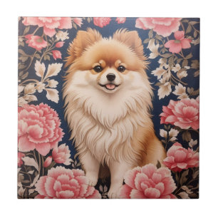 Cute Pomeranian Dog Pink Floral Tile