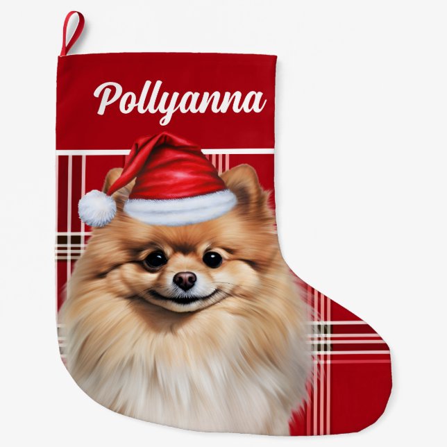 Cute Pomeranian Dog Red White Plaid Custom Large Christmas Stocking (Front)