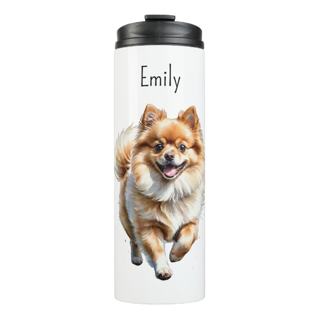 Cute Pomeranian Dog Watercolor Personalised Thermal Tumbler (Front)