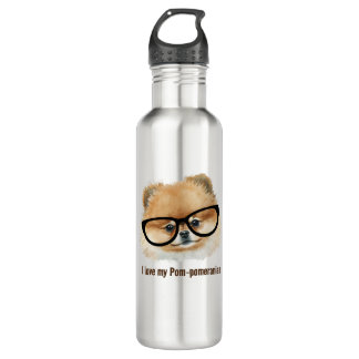 Cute  pomeranian dog with eye glasses 710 ml water bottle