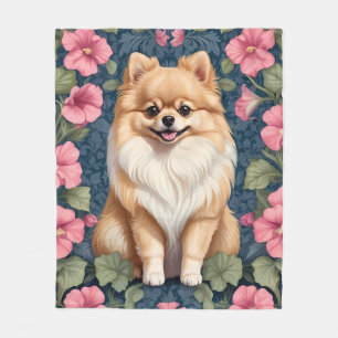 Cute Pomeranian Dog With Pink Petunias Fleece Blanket