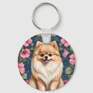 Cute Pomeranian Dog With Pink Petunias Key Ring