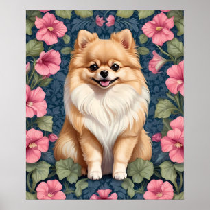 Cute Pomeranian Dog With Pink Petunias Poster