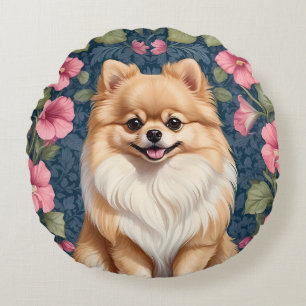 Cute Pomeranian Dog With Pink Petunias Round Cushion