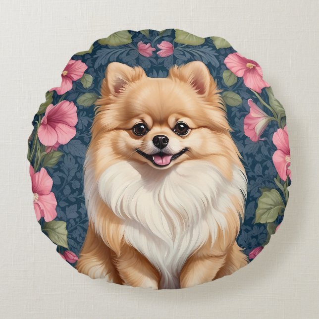 Cute Pomeranian Dog With Pink Petunias  Round Cushion (Front)