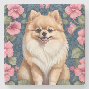 Cute Pomeranian Dog With Pink Petunias Stone Coaster