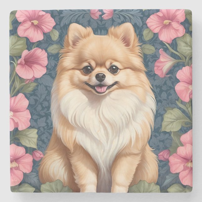 Cute Pomeranian Dog With Pink Petunias  Stone Coaster (Front)