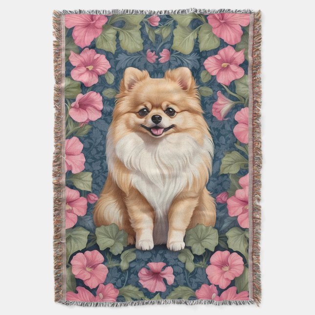 Cute Pomeranian Dog With Pink Petunias  Throw Blanket (Front Vertical)