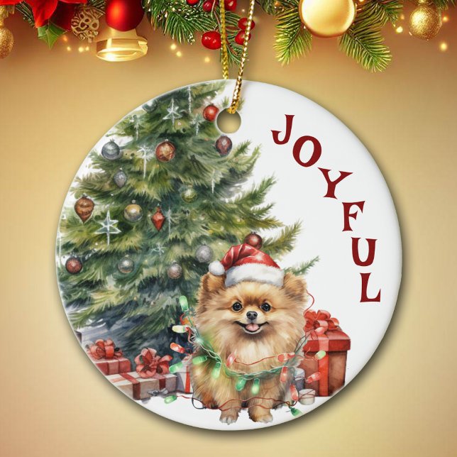 Cute Pomeranian Dog Wrapped in Christmas Lights Ceramic Tree Decoration (Creator Uploaded)