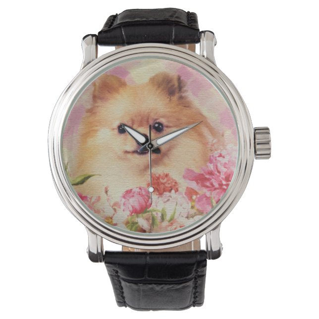 Cute Pomeranian German Spitz with Flowers Watch (Front)
