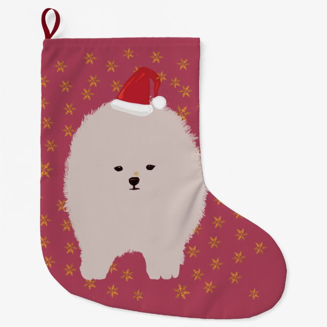 Cute Pomeranian Puppy Drawing Large Christmas Stocking (Front)