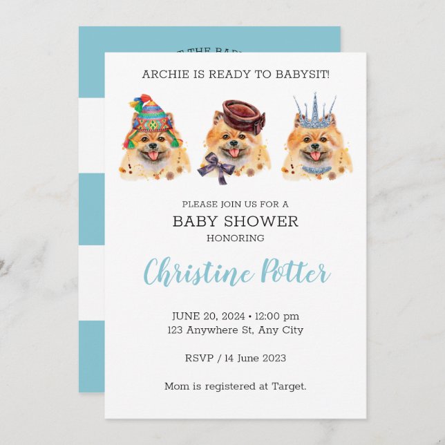 Cute Pomeranian Puppy Theme Baby Shower Invitation (Front/Back)