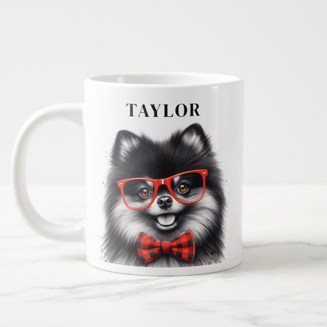 Cute Pomeranian Red Nerd Glasses Custom Name Large Coffee Mug (Left)