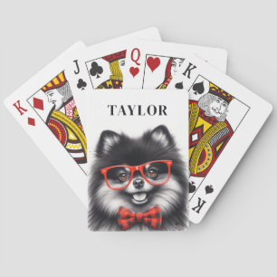 Cute Pomeranian Red Nerd Glasses Custom Name Playing Cards