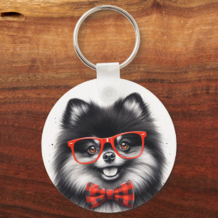 Cute Pomeranian Red Nerd Glasses Key Ring