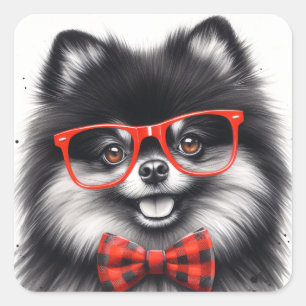 Cute Pomeranian Red Nerd Glasses Square Sticker