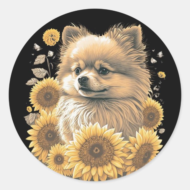 Cute Pomeranian Sunflower Lover Drawing Art  Classic Round Sticker (Front)