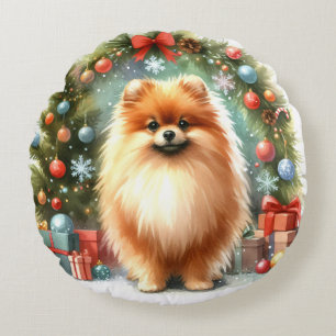 Cute Pomeranian Watercolor Festive Christmas Round Cushion