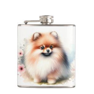 Cute Pomeranian watercolor illustration Hip Flask