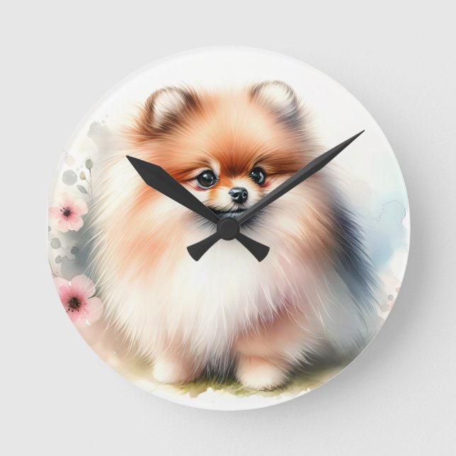 Cute Pomeranian watercolor illustration Round Clock (Front)