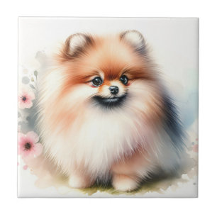 Cute Pomeranian watercolor illustration Tile