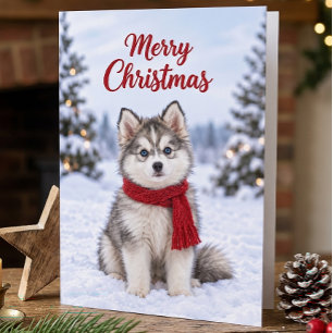 Cute Pomsky Puppy Dog Lover Snowy Christmas Card
