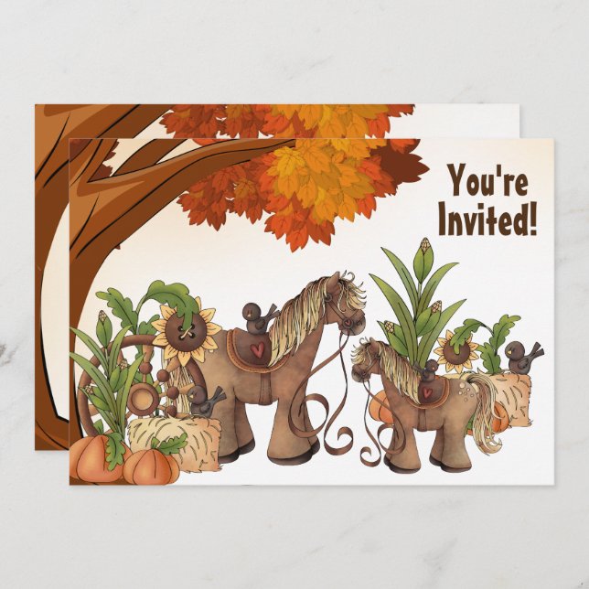 Cute Ponies Autumn Horse 1st Birthday Party Invitation (Front/Back)