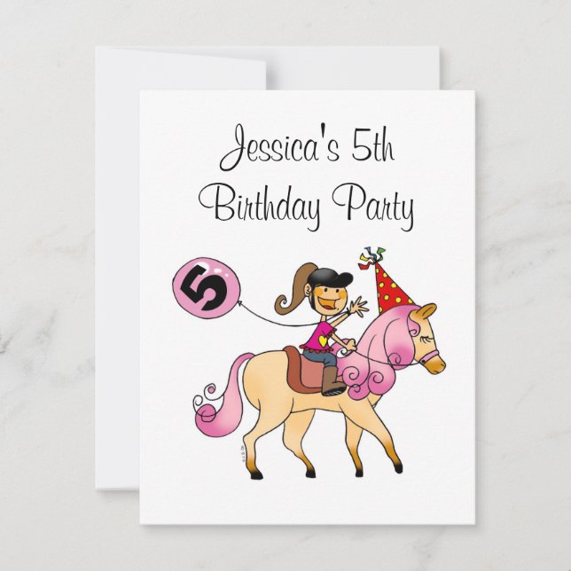 Cute pony and 5th birthday girl party invitation (Front)