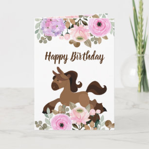 Cute Pony and Colourful Flowers Horse Birthday Card