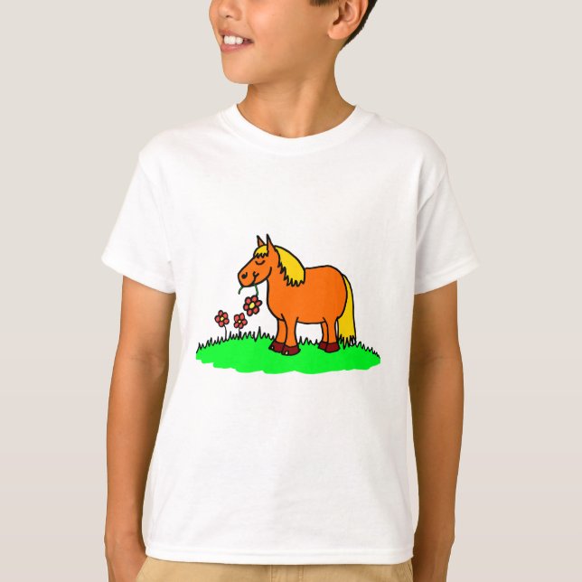 Cute Pony and Flower Cartoon T-Shirt (Front)