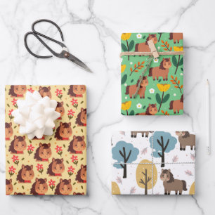 Cute Pony and Flowers Wrapping Paper Sheet