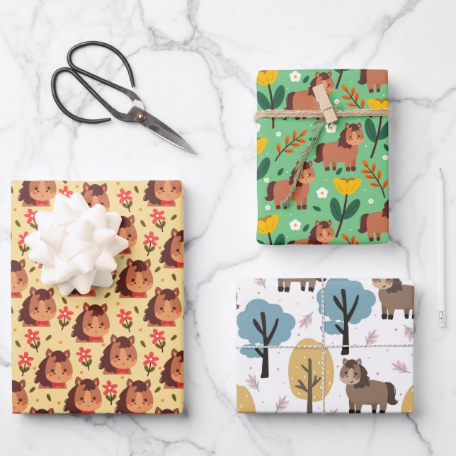 Cute Pony and Flowers Wrapping Paper Sheet (Front)