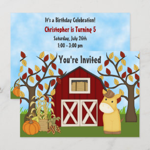 Cute Pony and Red Barn Autumn Horse Birthday Invitation