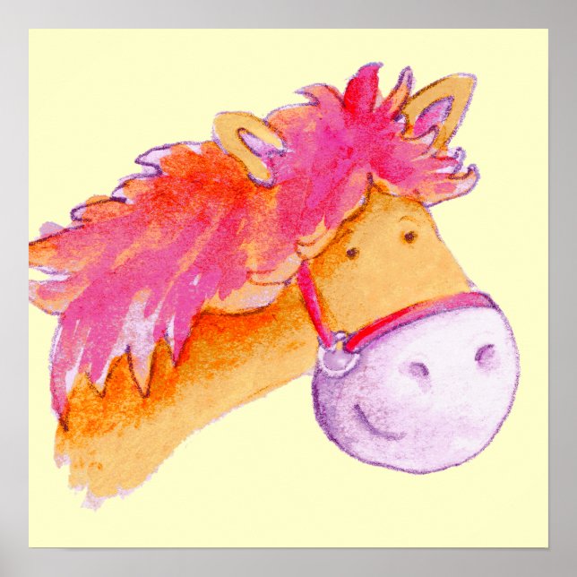 Cute pony art pink yellow square poster print (Front)