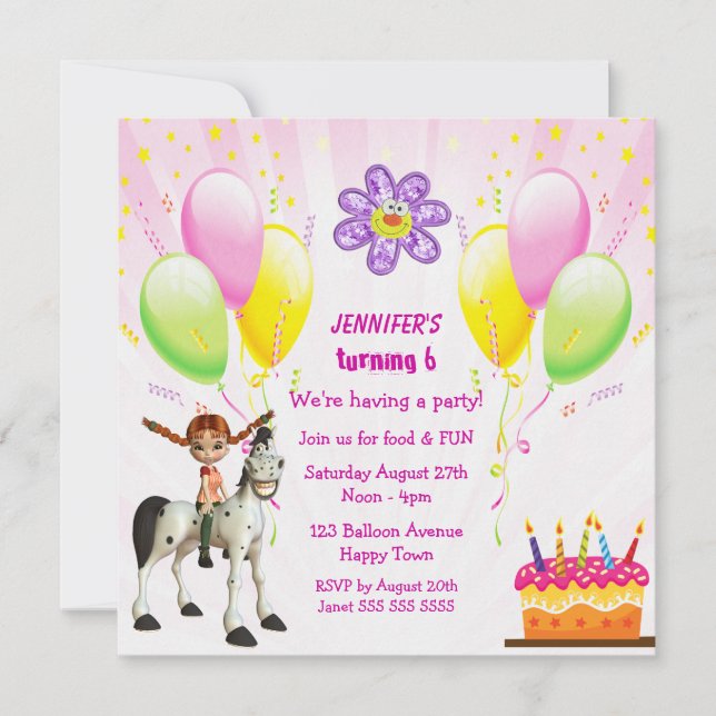 Cute Pony, Cake & Balloons Birthday Party Invites (Front)