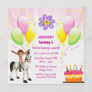 Cute Pony, Cake & Balloons Birthday Party Invites