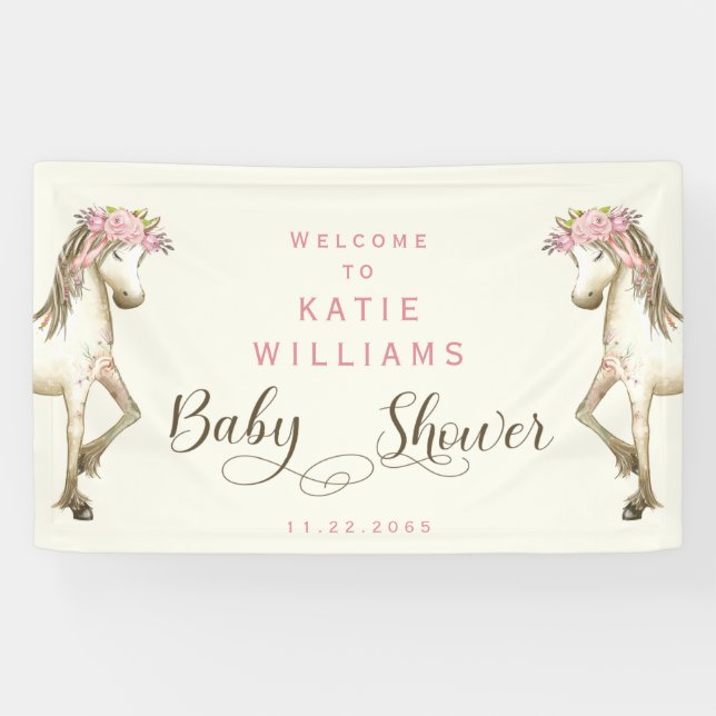 Cute Pony Cream Baby Shower Welcome Sign Banner (Horizontal)