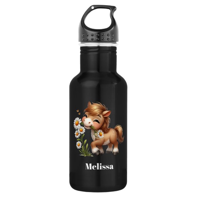 Cute Pony Eating Daisies 532 Ml Water Bottle (Front)