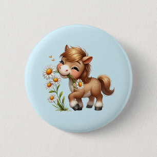 Cute Pony Eating Daisies 6 Cm Round Badge
