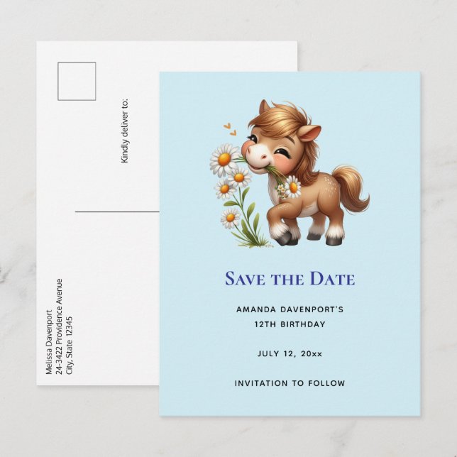 Cute Pony Eating Daisies Announcement Postcard (Front/Back)