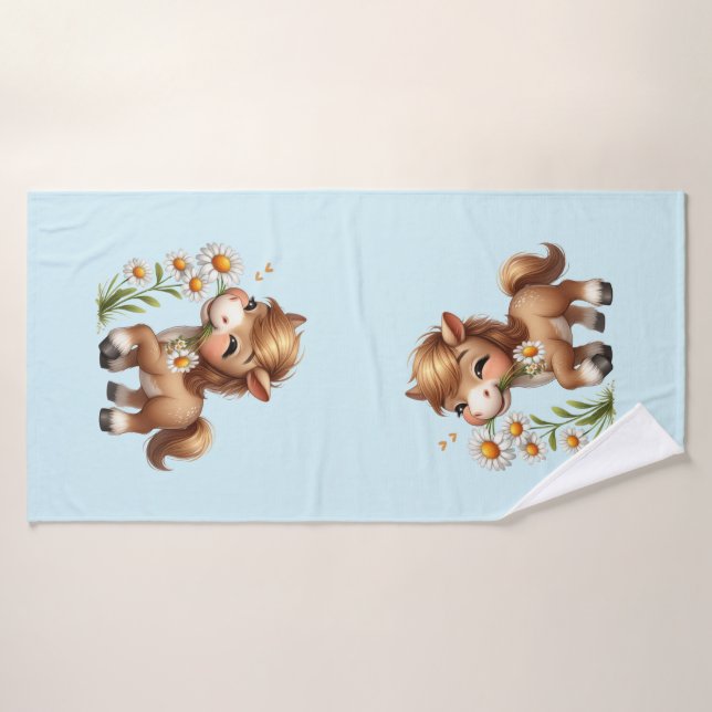 Cute Pony Eating Daisies Bath Towel Set (Bath Towel)