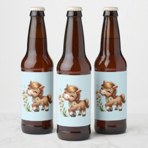 Cute Pony Eating Daisies Beer Bottle Label