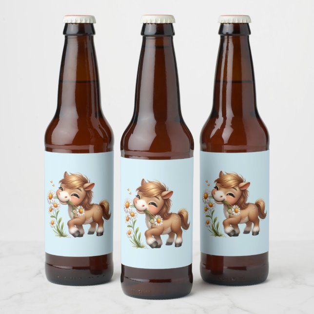 Cute Pony Eating Daisies Beer Bottle Label (Bottles)