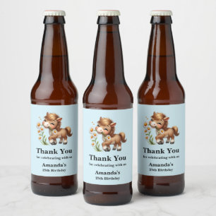 Cute Pony Eating Daisies Birthday Beer Bottle Label